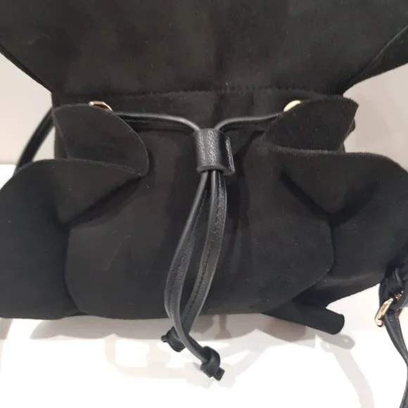 SEED Black Suede Like Ruffled Drawstring Bucket Bag - Picture 7 of 11